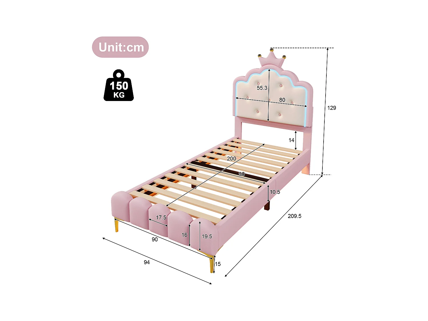 Eenpersoons prinsessenbed 90x200 cm - LED-verlichting met afstandsbediening - roze PU (zonder matras)
