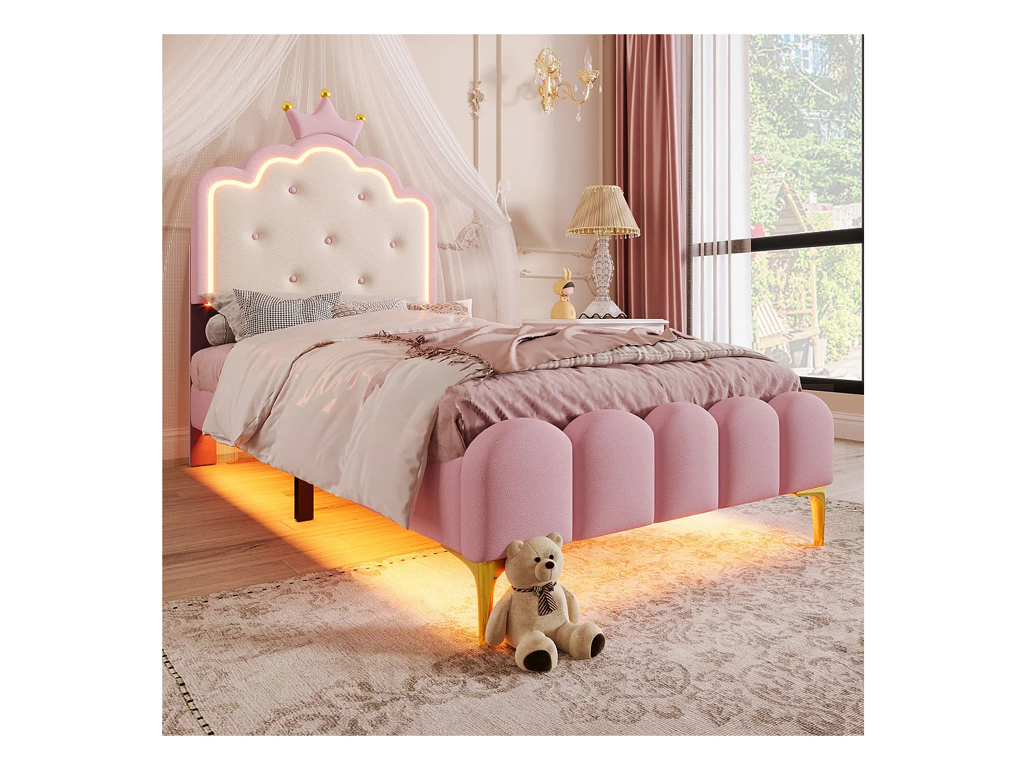 Eenpersoons prinsessenbed 90x200 cm - LED-verlichting met afstandsbediening - roze PU (zonder matras)