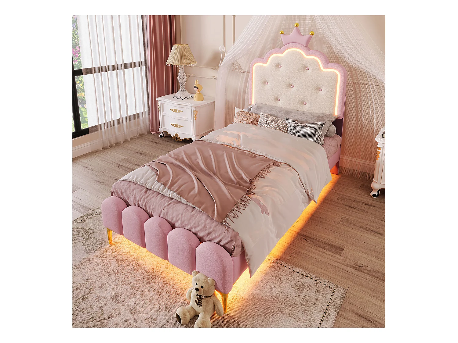 Eenpersoons prinsessenbed 90x200 cm - LED-verlichting met afstandsbediening - roze PU (zonder matras)