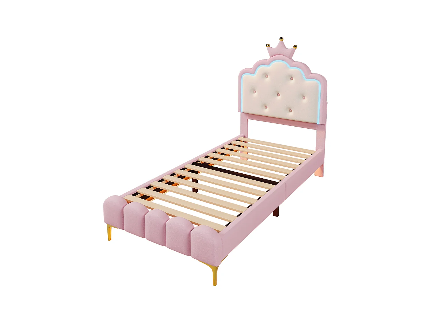 Eenpersoons prinsessenbed 90x200 cm - LED-verlichting met afstandsbediening - roze PU (zonder matras)