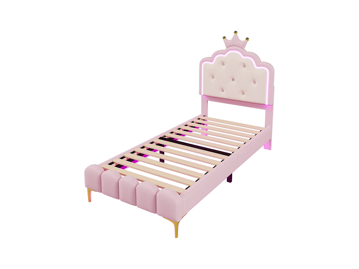 Eenpersoons prinsessenbed 90x200 cm - LED-verlichting met afstandsbediening - roze PU (zonder matras)