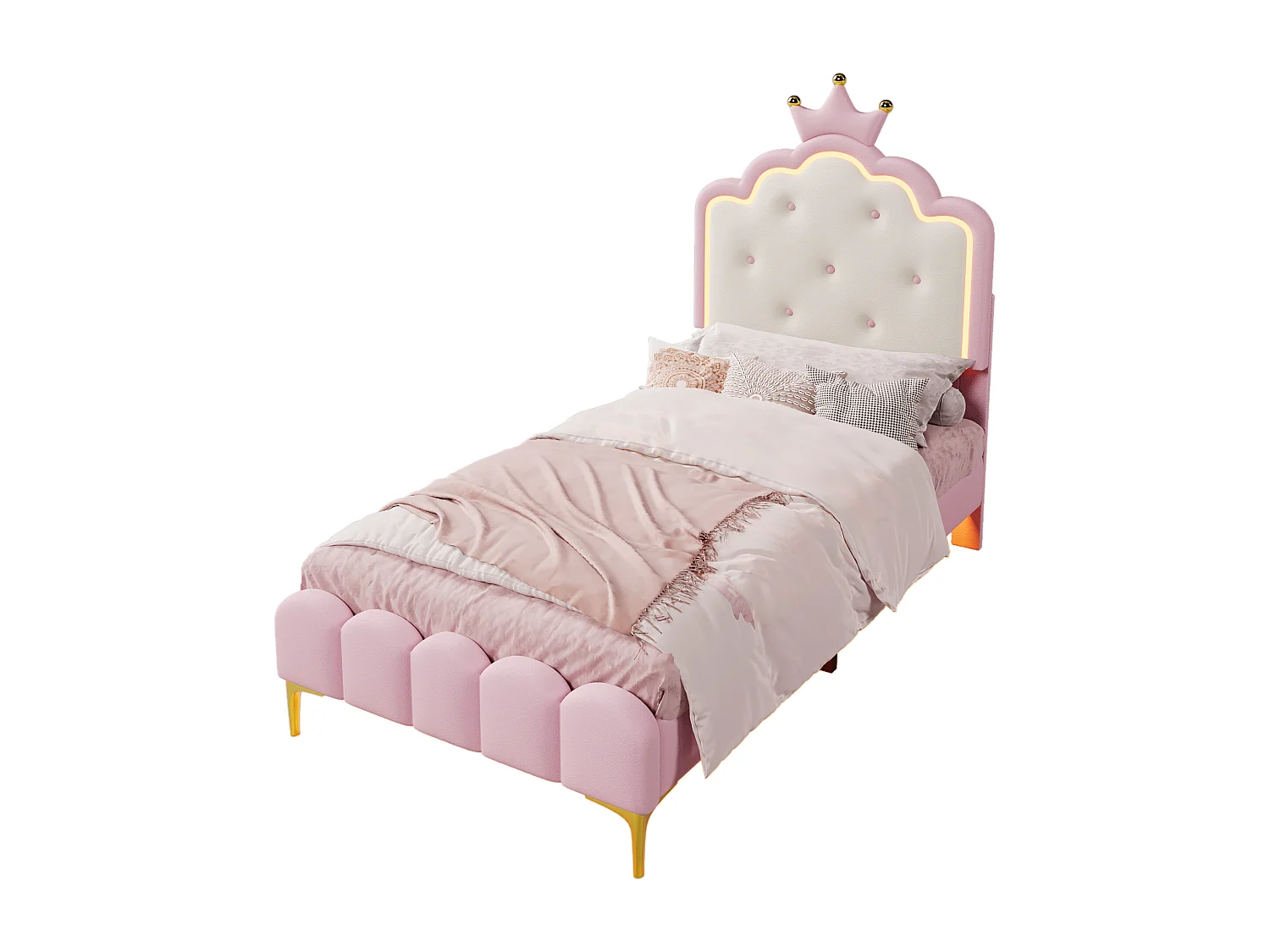 Lit simple princesse 90x200 cm - Éclairage LED télécommandé - en PU Rose (sans matelas)