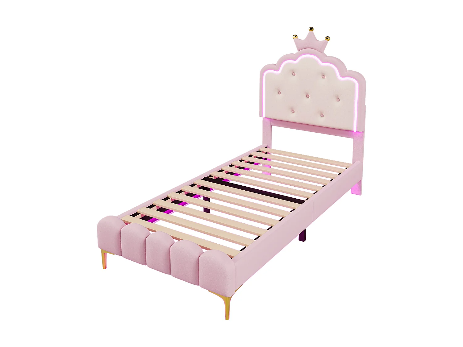 Lit simple princesse 90x200 cm - Éclairage LED télécommandé - en PU Rose (sans matelas)