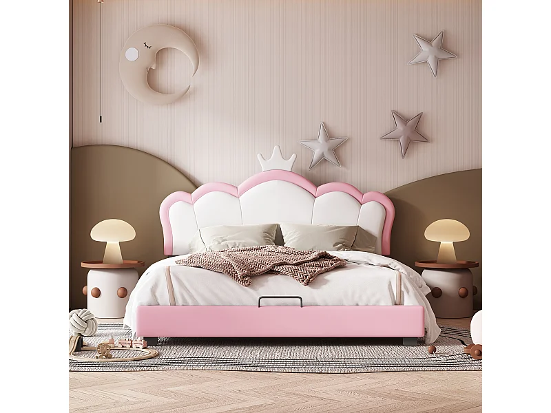 Prinsessen kinderbed 140x200 cm in kroonvorm met lattenbodem en rugleuning, roze (excl. matras)