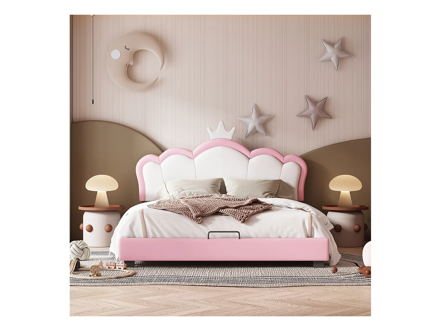 Letto principessa bambino 140x200 cm a forma di corona con rete a doghe e testiera, rosa (materasso non incluso)