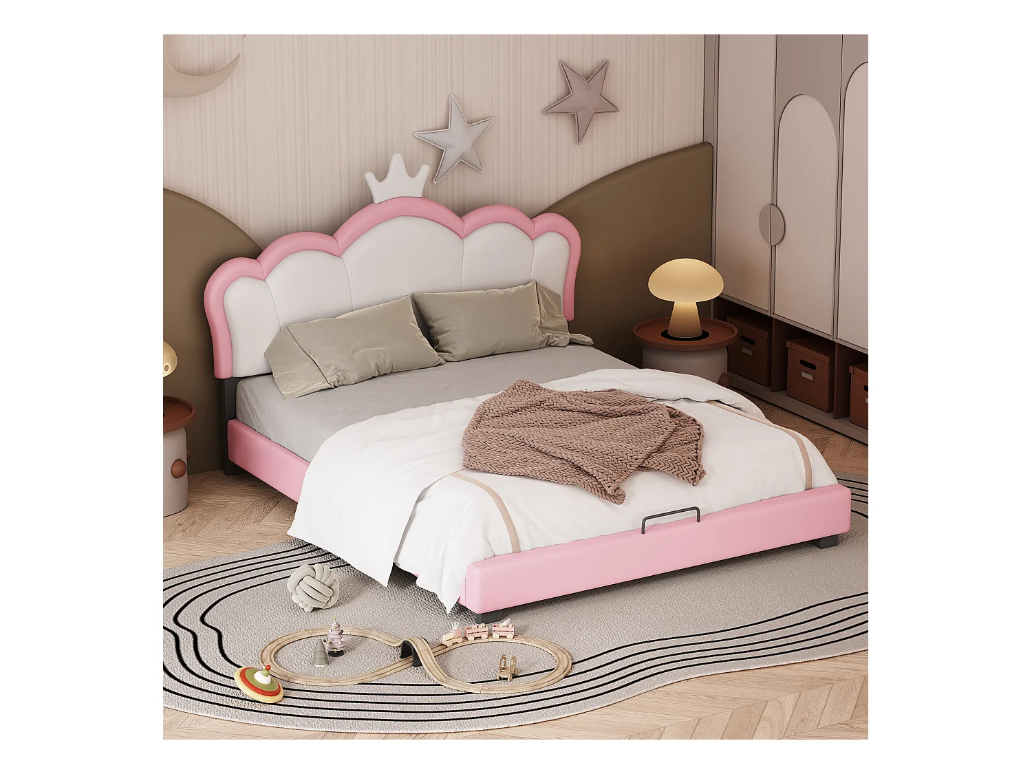Lit princesse enfant 140x200 cm en forme de couronne avec sommier à lattes et dossier , rose (matelas non inclus)