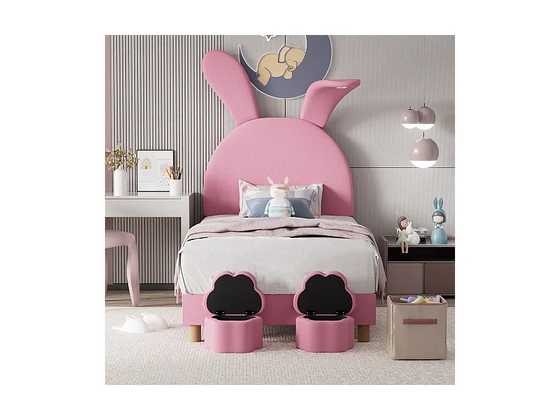 Letto per bambini 90x200 cm a forma di orecchie di coniglio con LED - 2 contenitori portaoggetti - Velluto rosa (senza materasso)