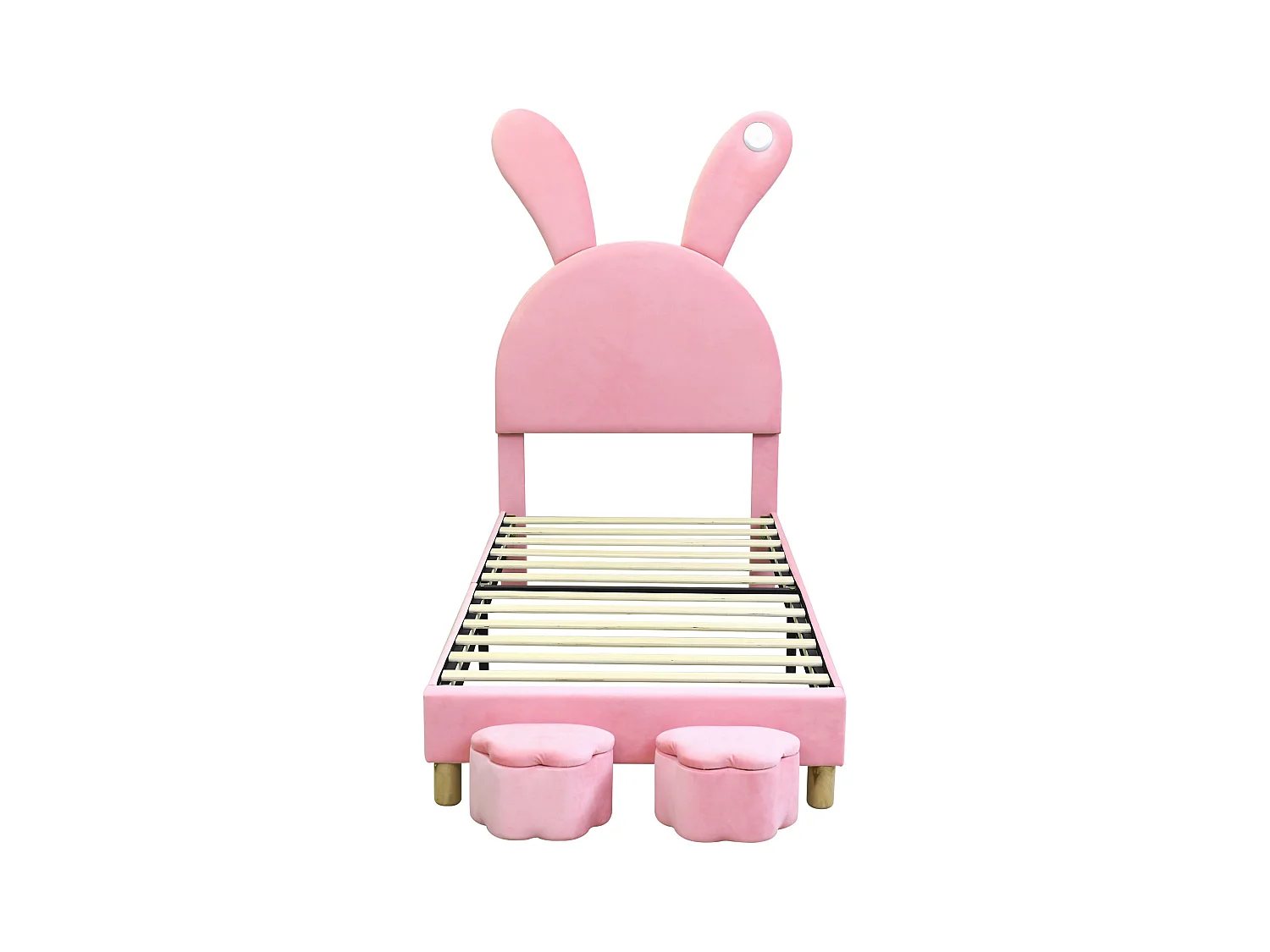 Letto per bambini 90x200 cm a forma di orecchie di coniglio con LED - 2 contenitori portaoggetti - Velluto rosa (senza materasso)