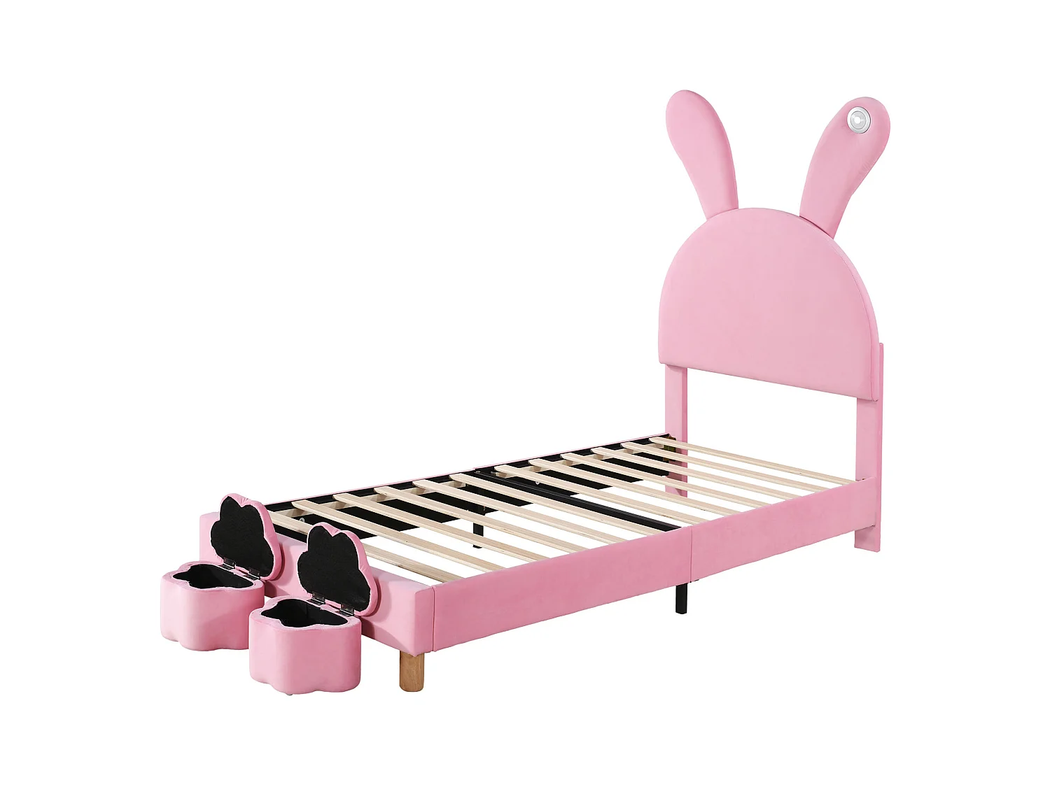 Letto per bambini 90x200 cm a forma di orecchie di coniglio con LED - 2 contenitori portaoggetti - Velluto rosa (senza materasso)