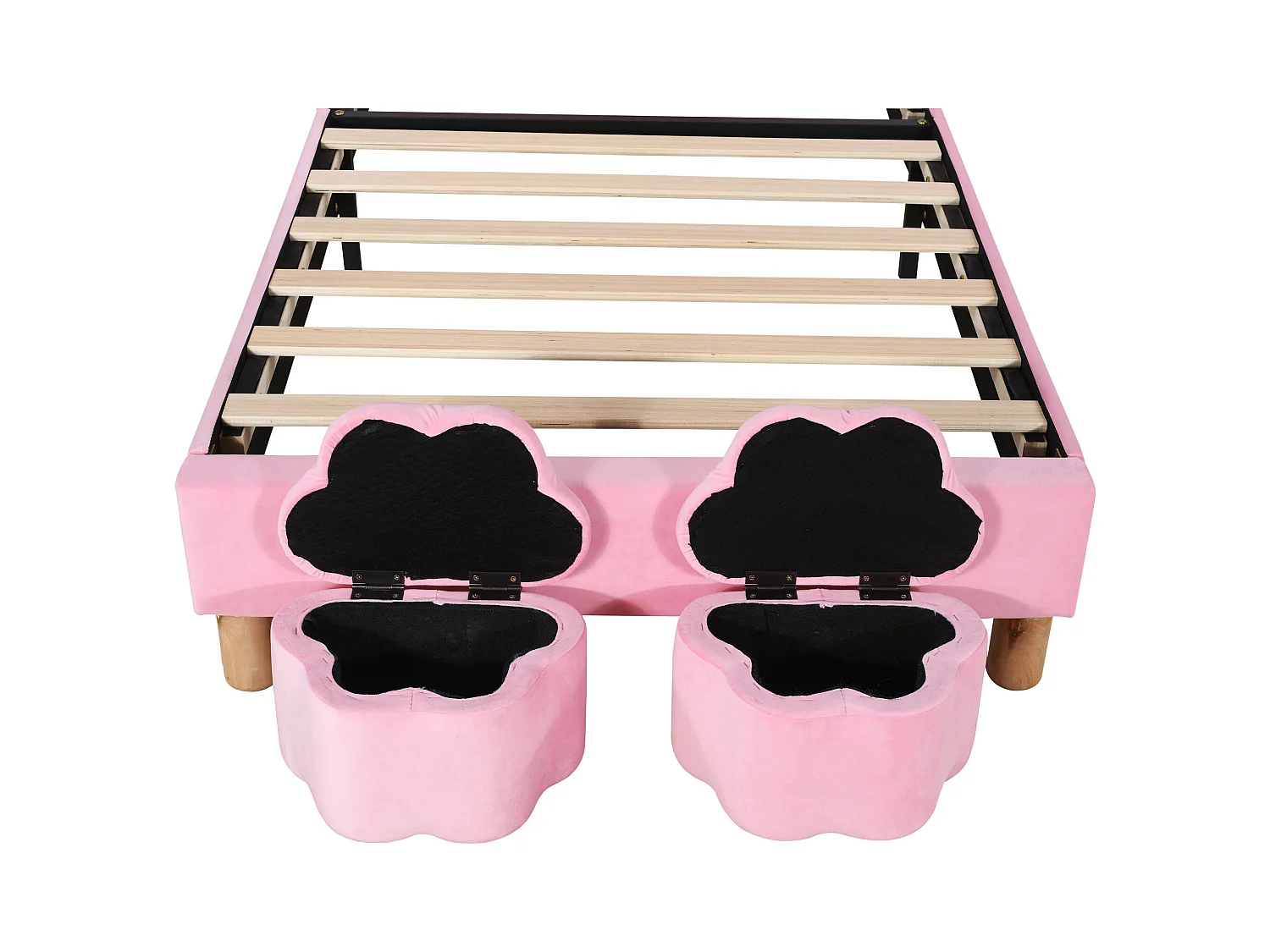 Cama infantil 90x200 cm con forma de orejas de conejo con LED - 2 baúles de almacenamiento - Terciopelo rosa (sin colchón)