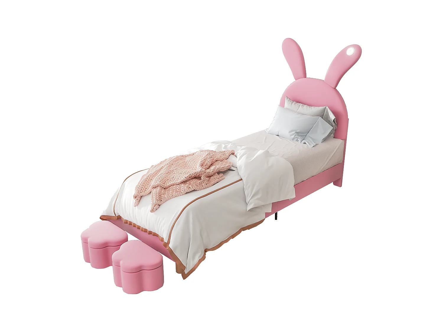 Cama infantil 90x200 cm con forma de orejas de conejo con LED - 2 baúles de almacenamiento - Terciopelo rosa (sin colchón)