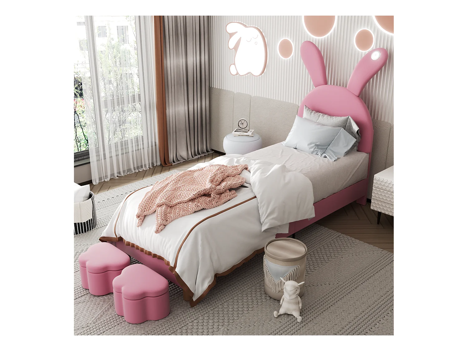 Cama infantil 90x200 cm con forma de orejas de conejo con LED - 2 baúles de almacenamiento - Terciopelo rosa (sin colchón)