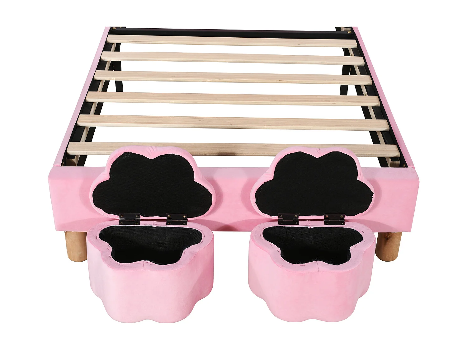 Lit enfant 90x200 cm en forme d 'oreilles de lapin avec LED - 2 coffres de rangement  - Velours rose (sans matelas)