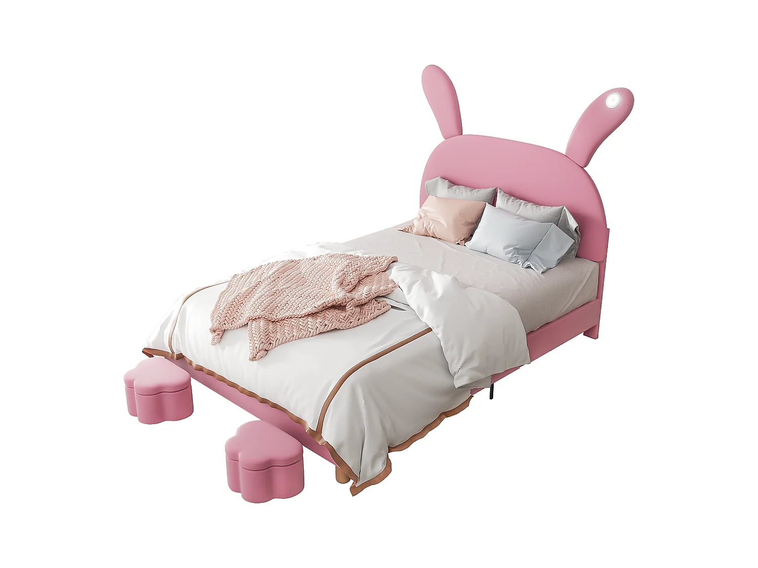 Lit enfant 140x200 cm - Tête de lit "oreilles de lapin" réglable - Velours rose (sans matelas)