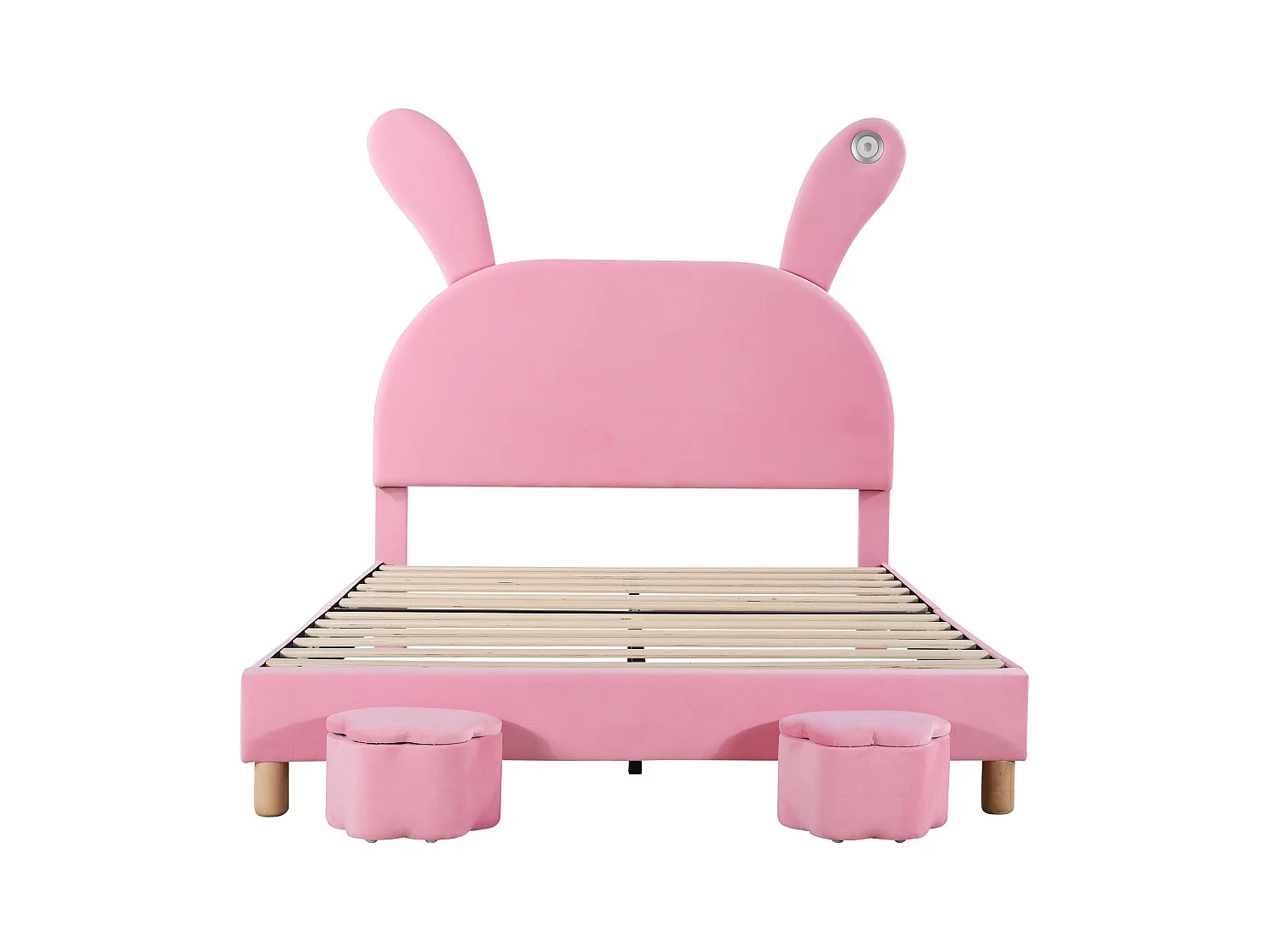 Lit enfant 140x200 cm - Tête de lit "oreilles de lapin" réglable - Velours rose (sans matelas)