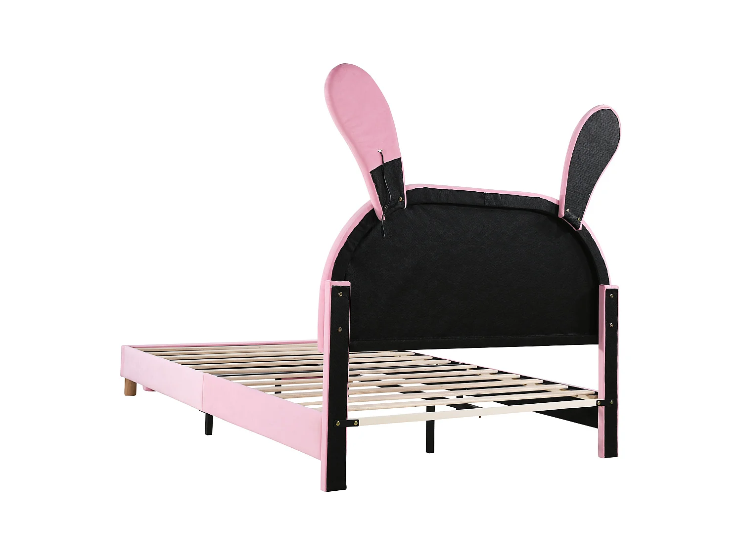 Lit enfant 140x200 cm - Tête de lit "oreilles de lapin" réglable - Velours rose (sans matelas)