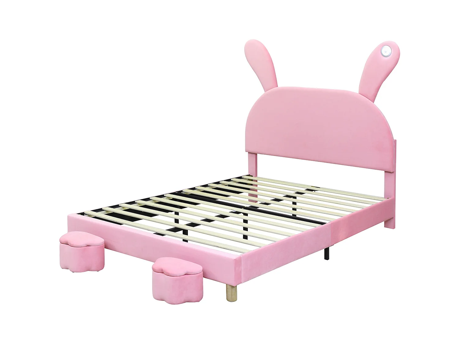 Lit enfant 140x200 cm - Tête de lit "oreilles de lapin" réglable - Velours rose (sans matelas)
