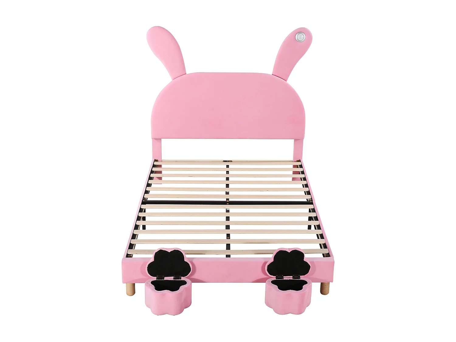 Cama infantil 140x200 cm - Cabeceira ajustável com "orelhas de coelho" - Veludo rosa (sem colchão)