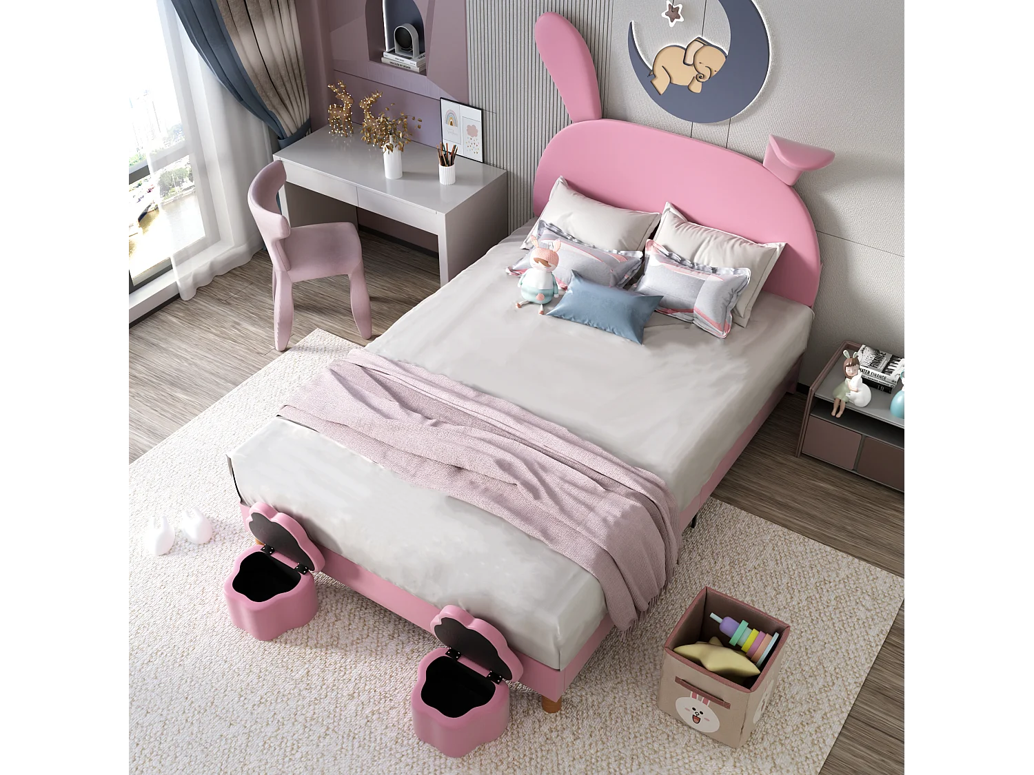 Lit enfant 140x200 cm - Tête de lit "oreilles de lapin" réglable - Velours rose (sans matelas)