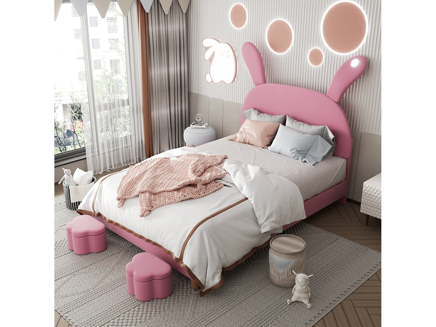 Lit enfant 140x200 cm - Tête de lit "oreilles de lapin" réglable - Velours rose (sans matelas)