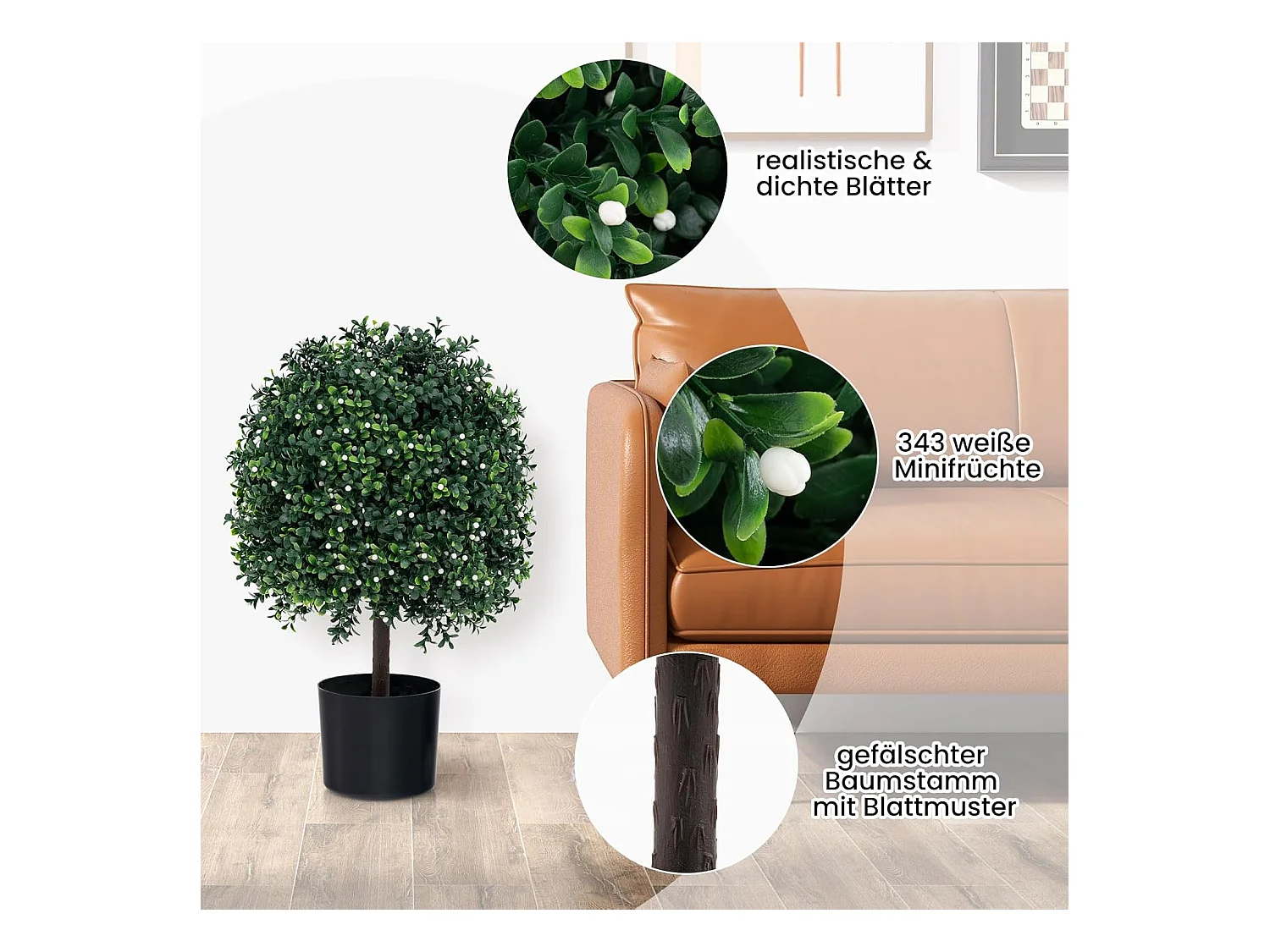 kunstplant 55cm set van 2,buxus met bladeren & 343 witte vruchten,kunstboom met pot，kunst decoratieve plant topiary, kamerplant in bolvorm,voor thuiskantoor, groen