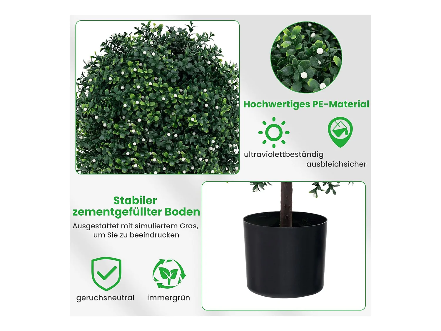 kunstplant 55cm set van 2,buxus met bladeren & 343 witte vruchten,kunstboom met pot，kunst decoratieve plant topiary, kamerplant in bolvorm,voor thuiskantoor, groen