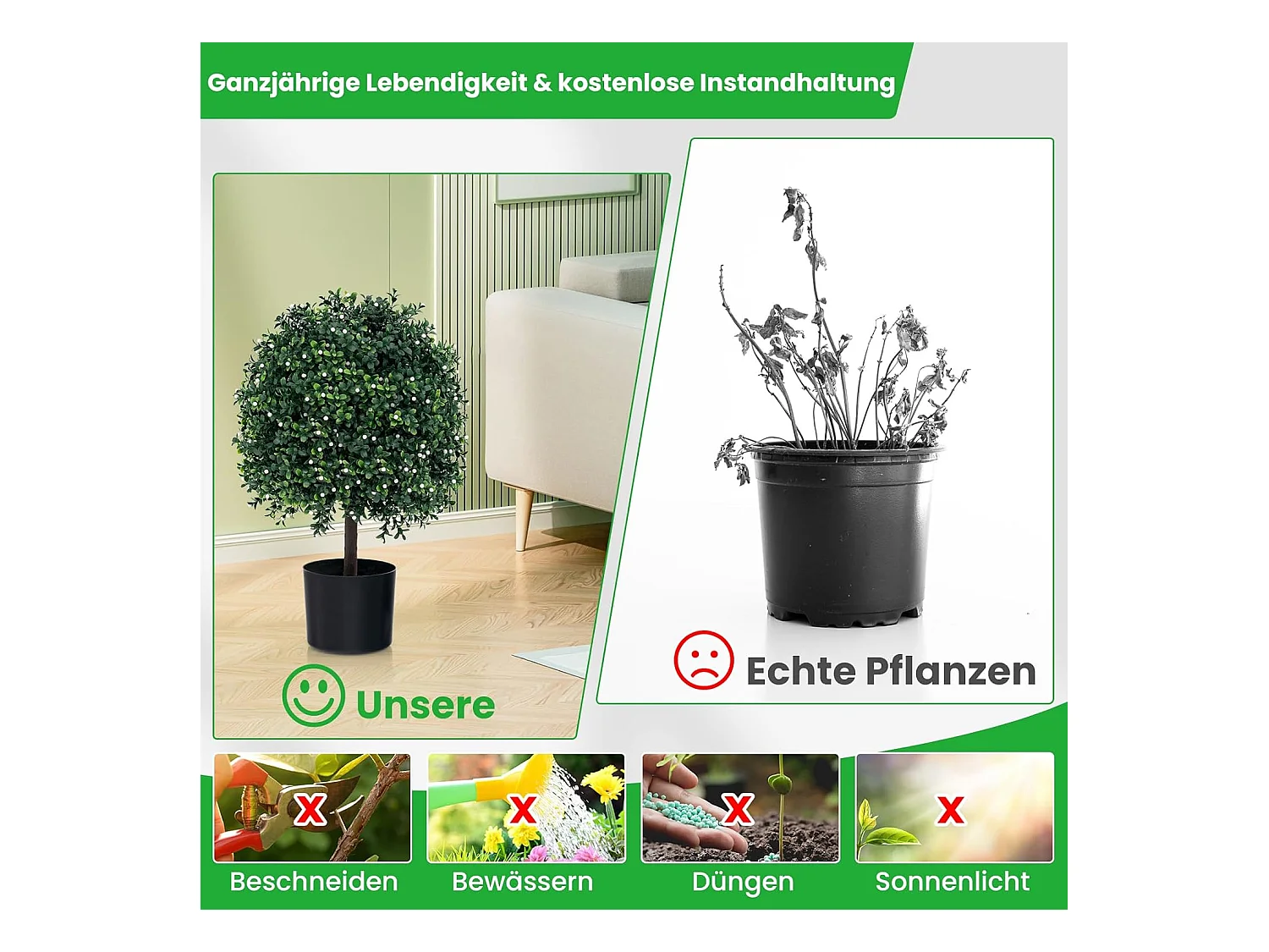 kunstplant 55cm set van 2,buxus met bladeren & 343 witte vruchten,kunstboom met pot，kunst decoratieve plant topiary, kamerplant in bolvorm,voor thuiskantoor, groen