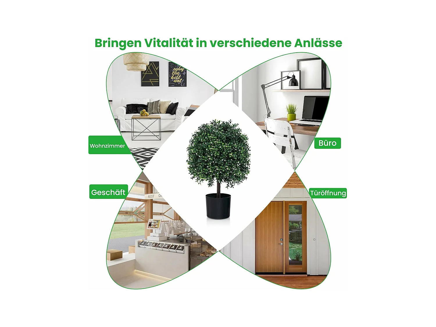 kunstplant 55cm set van 2,buxus met bladeren & 343 witte vruchten,kunstboom met pot，kunst decoratieve plant topiary, kamerplant in bolvorm,voor thuiskantoor, groen