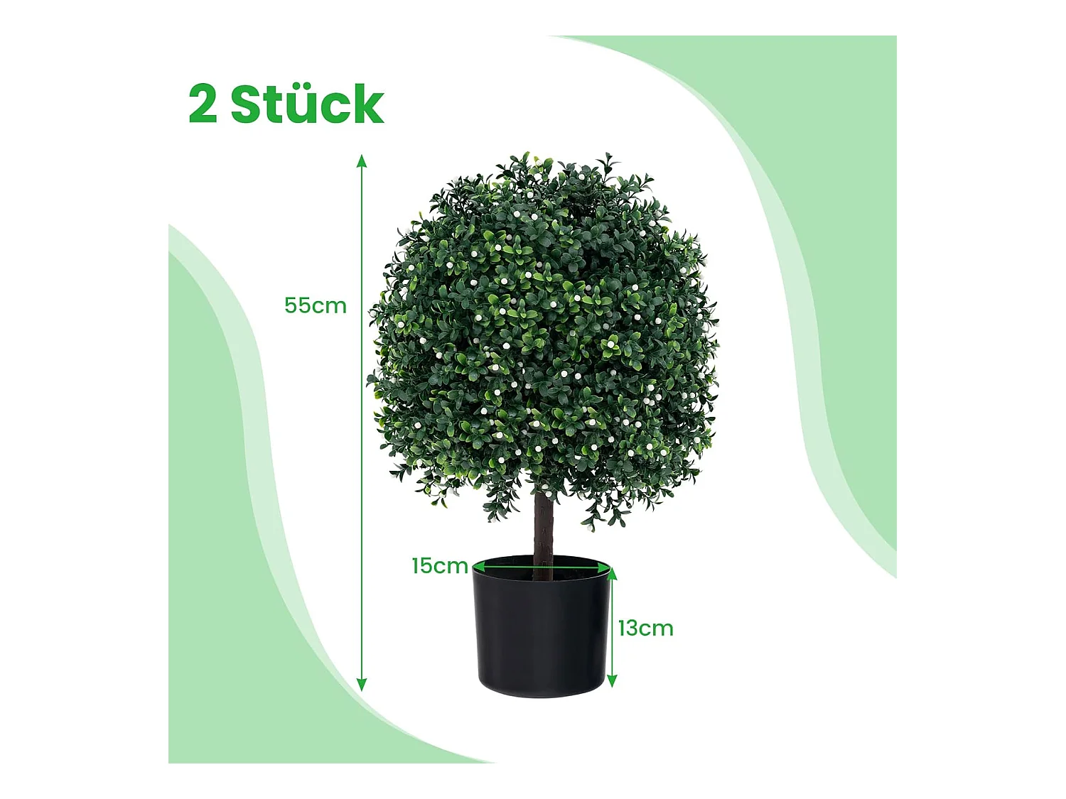 kunstplant 55cm set van 2,buxus met bladeren & 343 witte vruchten,kunstboom met pot，kunst decoratieve plant topiary, kamerplant in bolvorm,voor thuiskantoor, groen