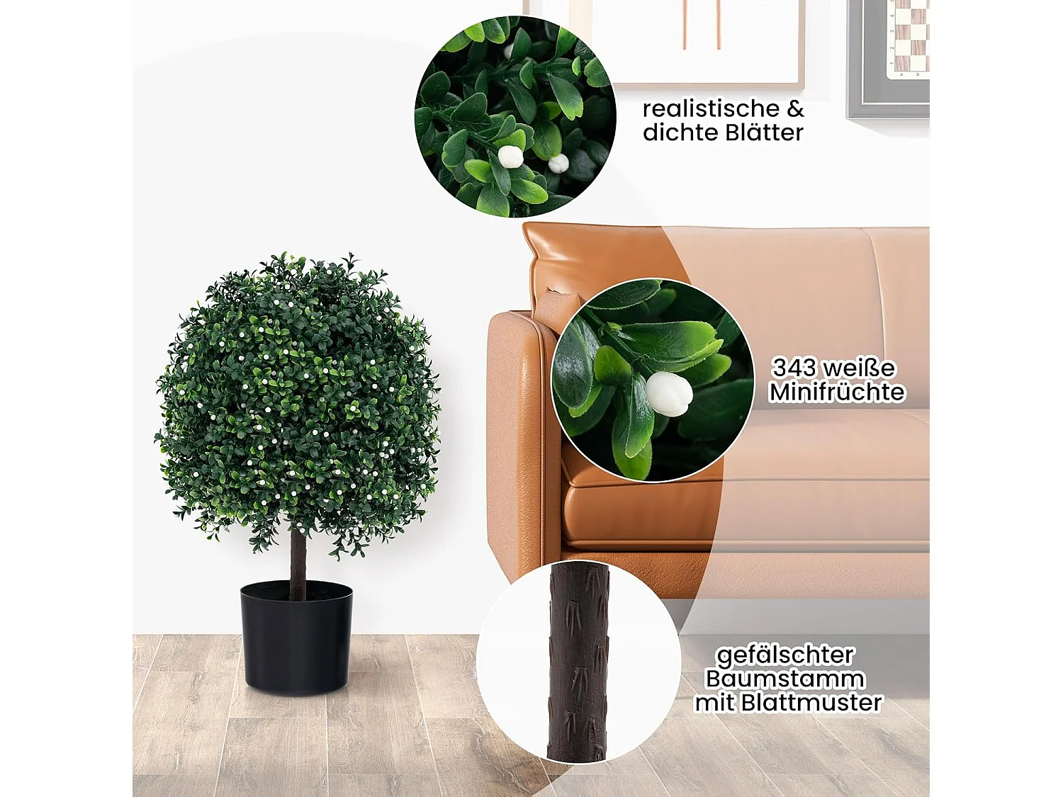 kunstplant 55cm set van 2,buxus met bladeren & 343 witte vruchten,kunstboom met pot，kunst decoratieve plant topiary, kamerplant in bolvorm,voor thuiskantoor, groen