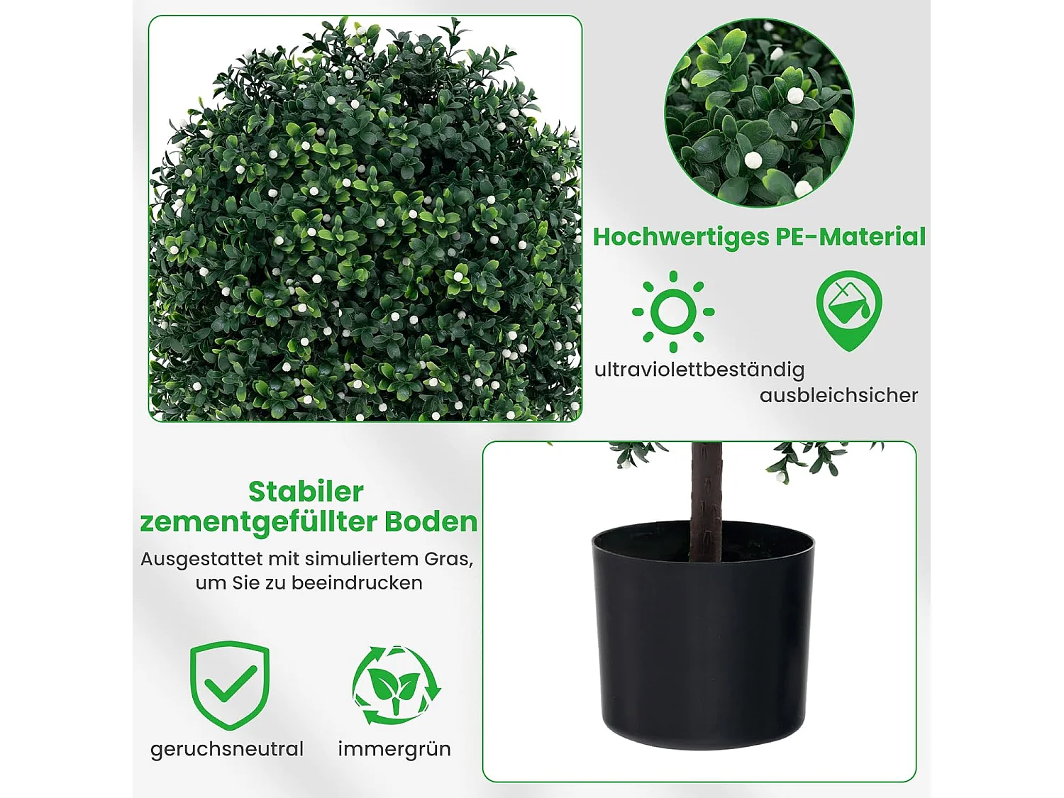 kunstplant 55cm set van 2,buxus met bladeren & 343 witte vruchten,kunstboom met pot，kunst decoratieve plant topiary, kamerplant in bolvorm,voor thuiskantoor, groen