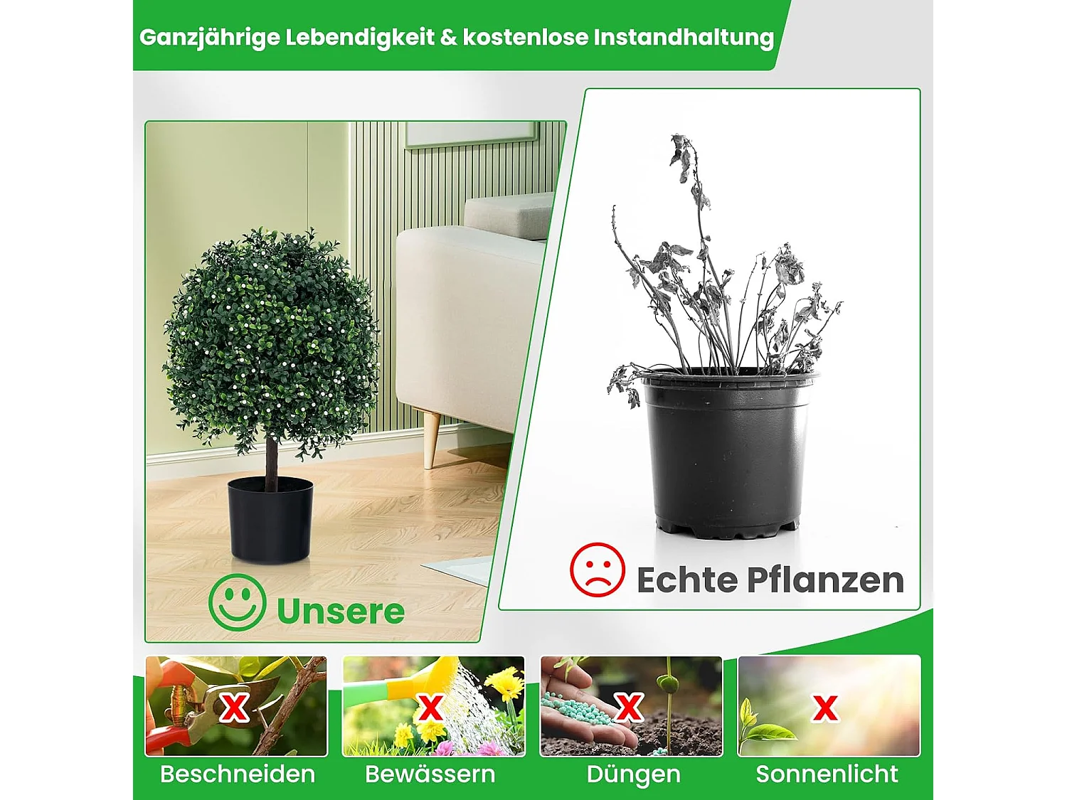 kunstplant 55cm set van 2,buxus met bladeren & 343 witte vruchten,kunstboom met pot，kunst decoratieve plant topiary, kamerplant in bolvorm,voor thuiskantoor, groen