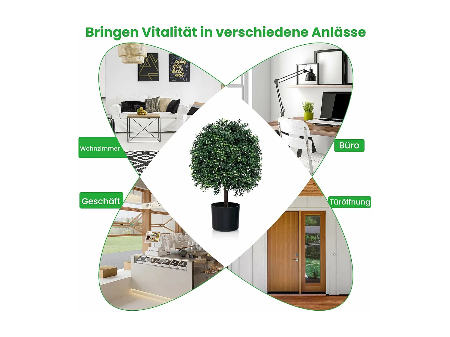 kunstplant 55cm set van 2,buxus met bladeren & 343 witte vruchten,kunstboom met pot，kunst decoratieve plant topiary, kamerplant in bolvorm,voor thuiskantoor, groen