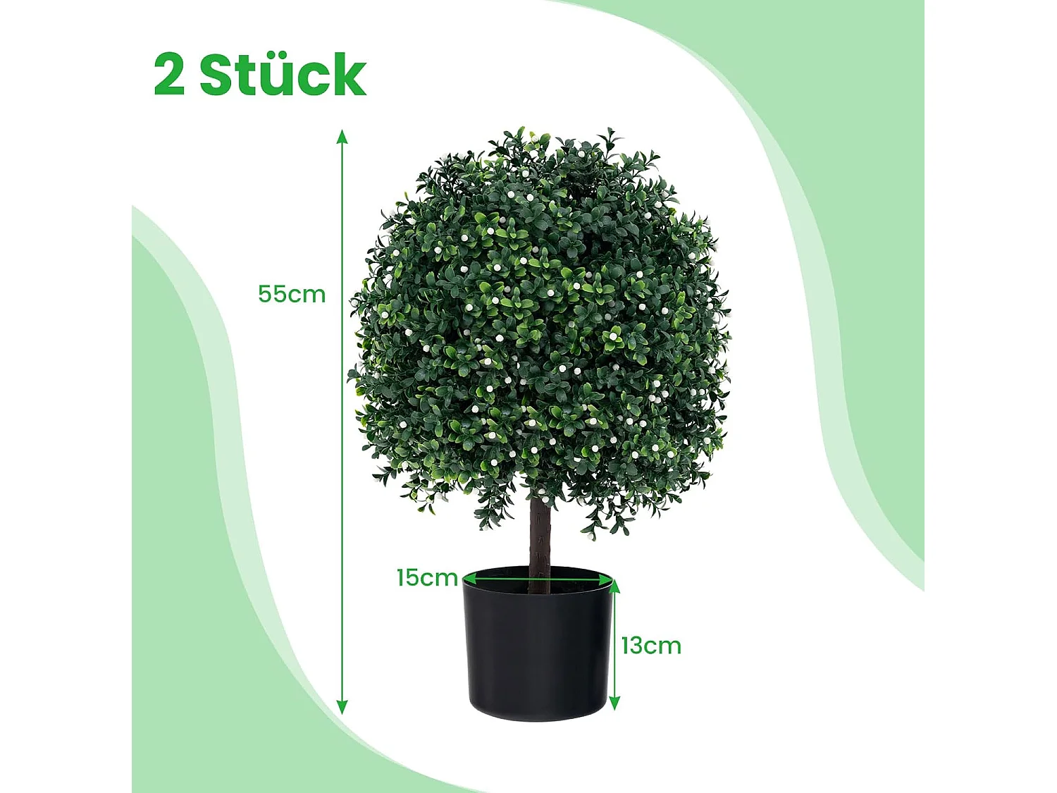 kunstplant 55cm set van 2,buxus met bladeren & 343 witte vruchten,kunstboom met pot，kunst decoratieve plant topiary, kamerplant in bolvorm,voor thuiskantoor, groen