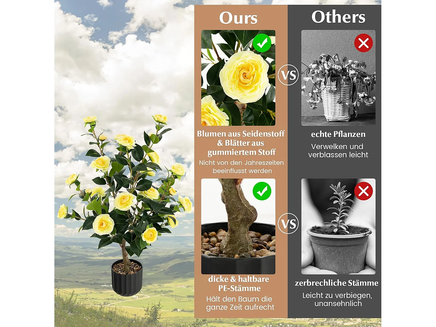 Set van 2 kunstboom met bloemen 95 cm,kunstmatige cameliaboom,kunstplant in pot,cameliaplant met 24 bloemen en natuurlijke stam,kamerplant,decoratieve plantTL32300