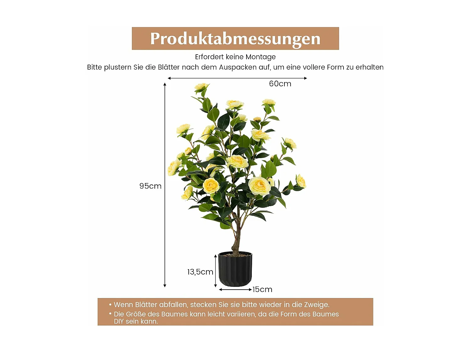 Set van 2 kunstboom met bloemen 95 cm,kunstmatige cameliaboom,kunstplant in pot,cameliaplant met 24 bloemen en natuurlijke stam,kamerplant,decoratieve plantTL32300