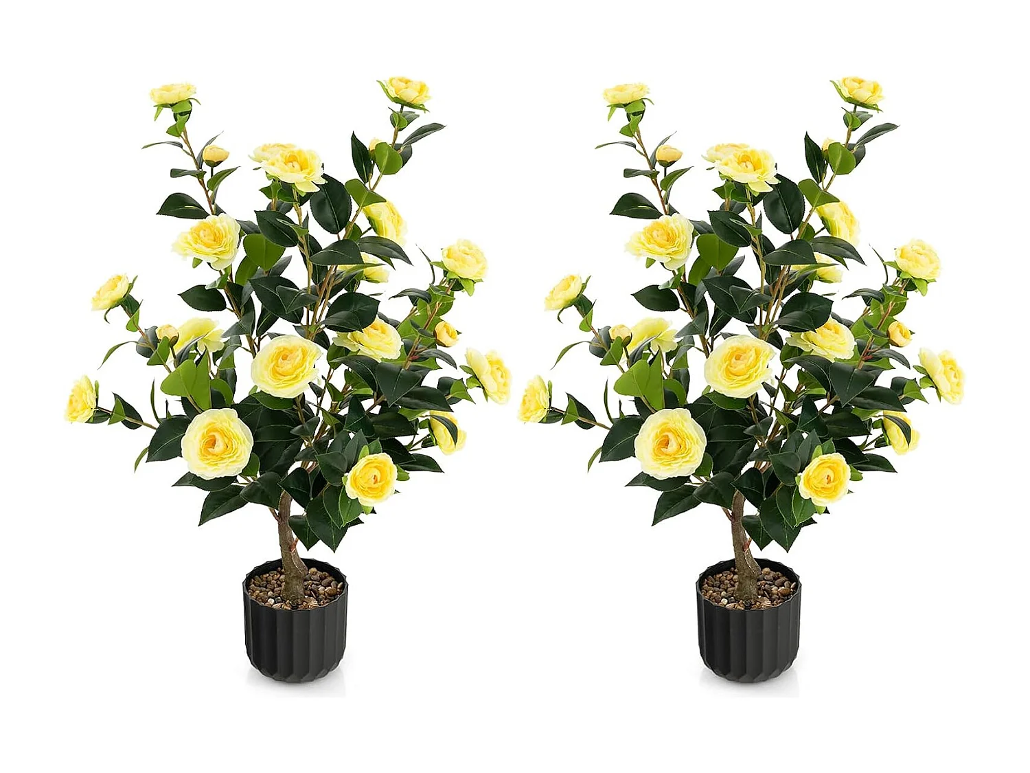 Set van 2 kunstboom met bloemen 95 cm,kunstmatige cameliaboom,kunstplant in pot,cameliaplant met 24 bloemen en natuurlijke stam,kamerplant,decoratieve plantTL32300