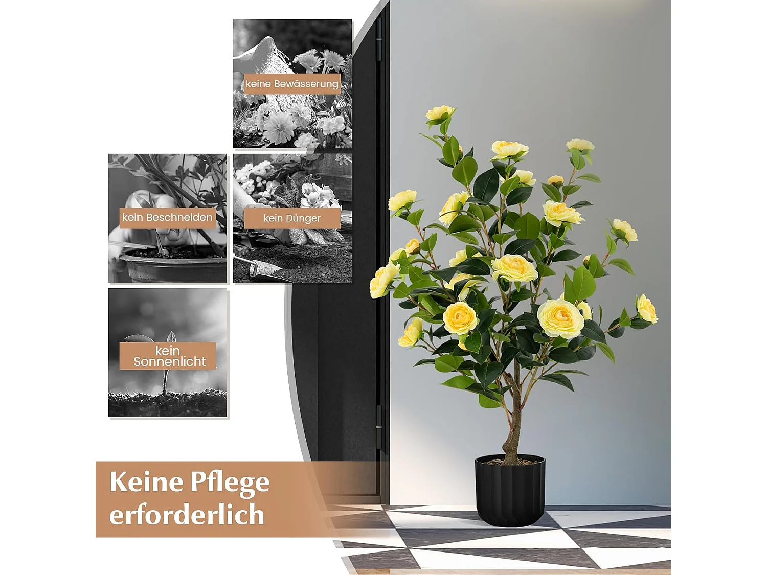 Set van 2 kunstboom met bloemen 95 cm,kunstmatige cameliaboom,kunstplant in pot,cameliaplant met 24 bloemen en natuurlijke stam,kamerplant,decoratieve plantTL32300