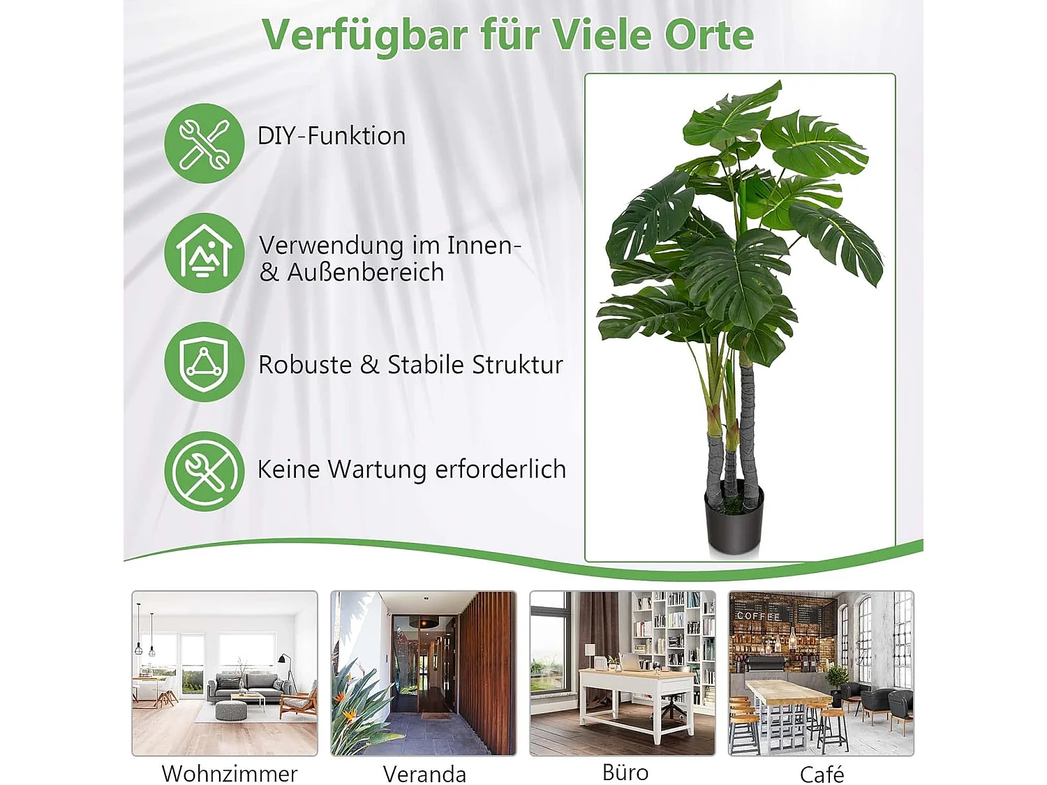 Monstera Deliciosa Kunstplanten, 120 cm, groene kunstboom met 20 bladeren en kunststof pot, kunstplant voor thuis, op kantoor en restaurant, interieurdecoratie