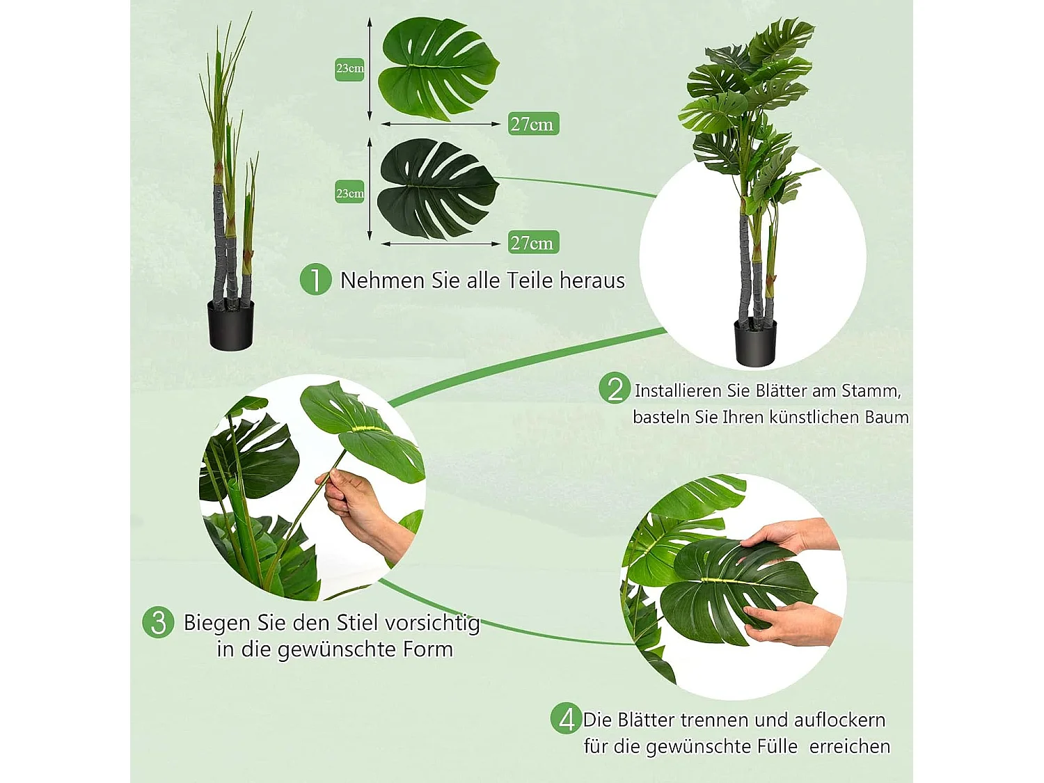 Monstera Deliciosa Kunstplanten, 120 cm, groene kunstboom met 20 bladeren en kunststof pot, kunstplant voor thuis, op kantoor en restaurant, interieurdecoratie