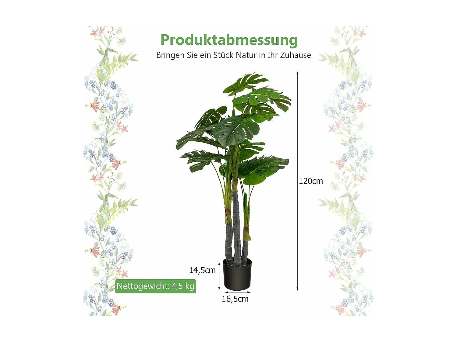 Monstera Deliciosa Kunstplanten, 120 cm, groene kunstboom met 20 bladeren en kunststof pot, kunstplant voor thuis, op kantoor en restaurant, interieurdecoratie