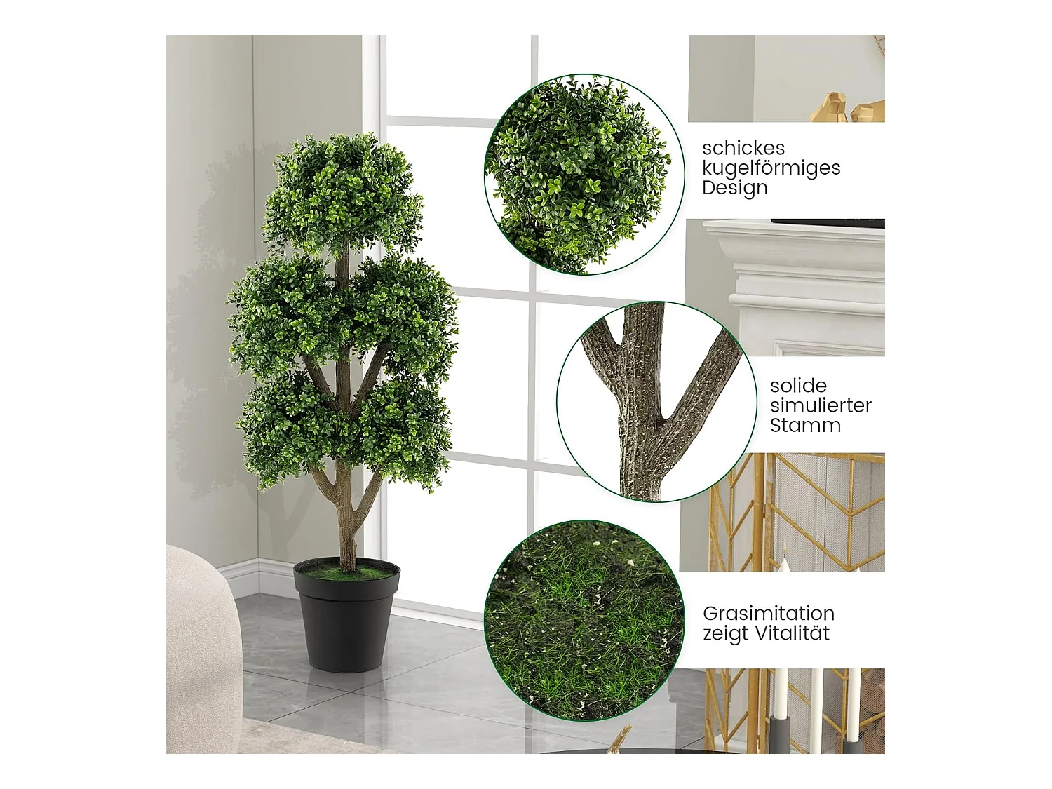 Kunstbuxusboom 115 cm, kunstplant met 5 ballen, decoratieve plant in pot, bolboom, groene planten, kunstboom, kamerplant, decoratie,kantoor,veranda, groenTL32395