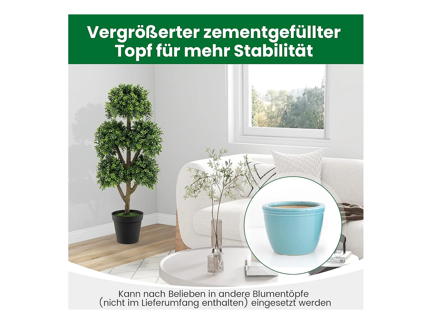 Kunstbuxusboom 115 cm, kunstplant met 5 ballen, decoratieve plant in pot, bolboom, groene planten, kunstboom, kamerplant, decoratie,kantoor,veranda, groenTL32395
