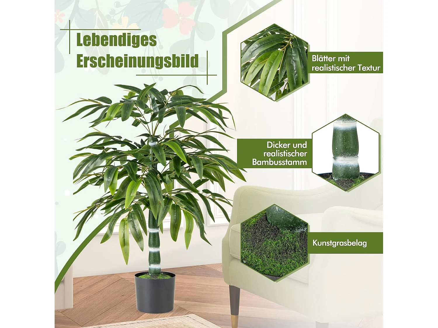 Set van 2 kunstplanten, bamboe, 100 cm kunstboom met pot, stammen en verstelbare takken, kunstplant voor thuis, kantoor, bamboeboom,bamboedecoratie,decoratie,groen