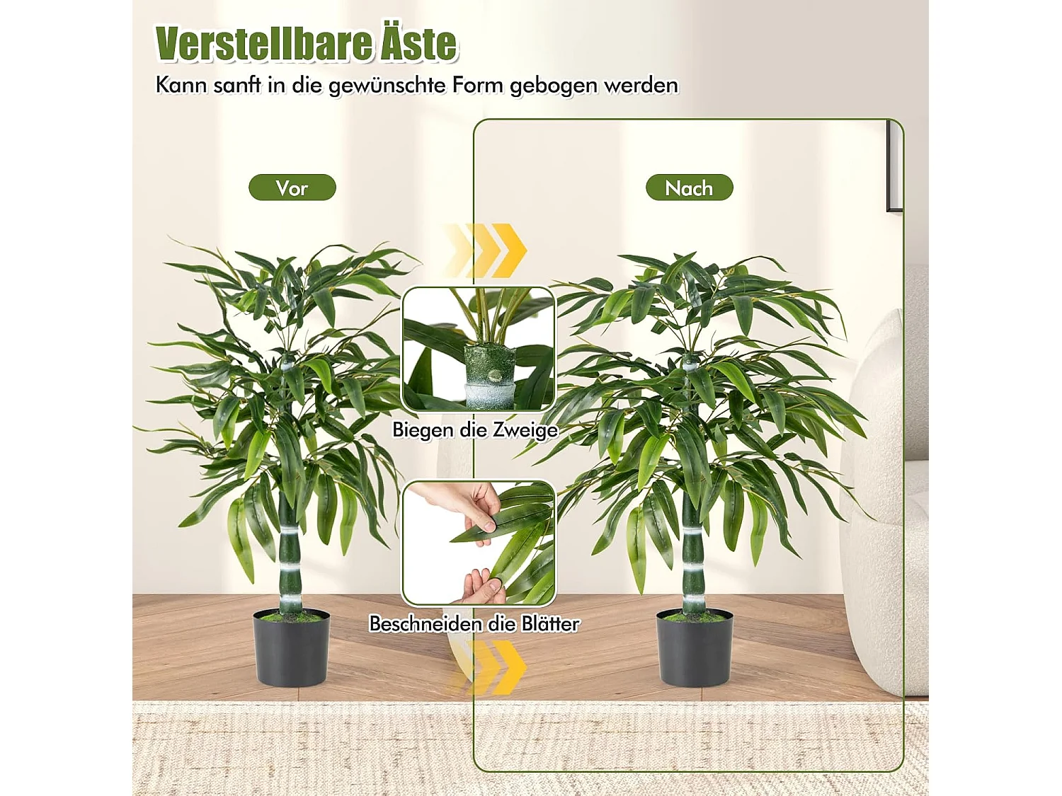 Set van 2 kunstplanten, bamboe, 100 cm kunstboom met pot, stammen en verstelbare takken, kunstplant voor thuis, kantoor, bamboeboom,bamboedecoratie,decoratie,groen