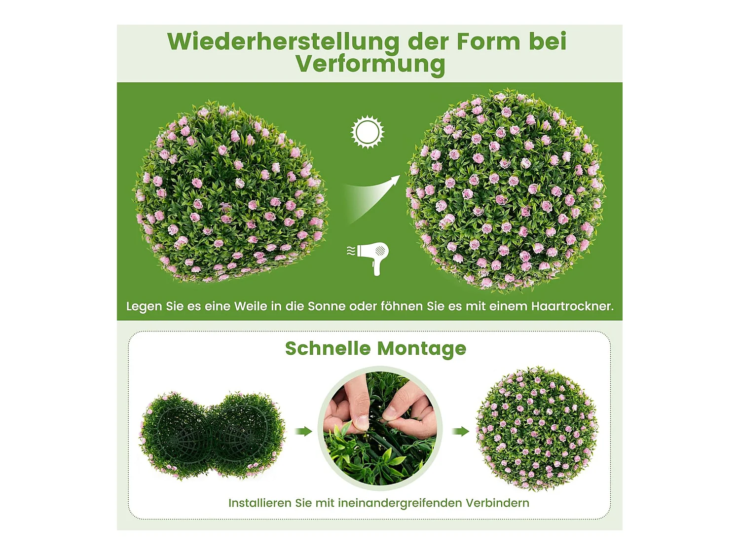 Buxusballen, 2 stuks, 37 cm, uv-bestendig, decoratieve bal met roze bloemen, vormgesneden kunstplant, decoratieve plant, boekbal, kunstplant,balkon, bruiloft