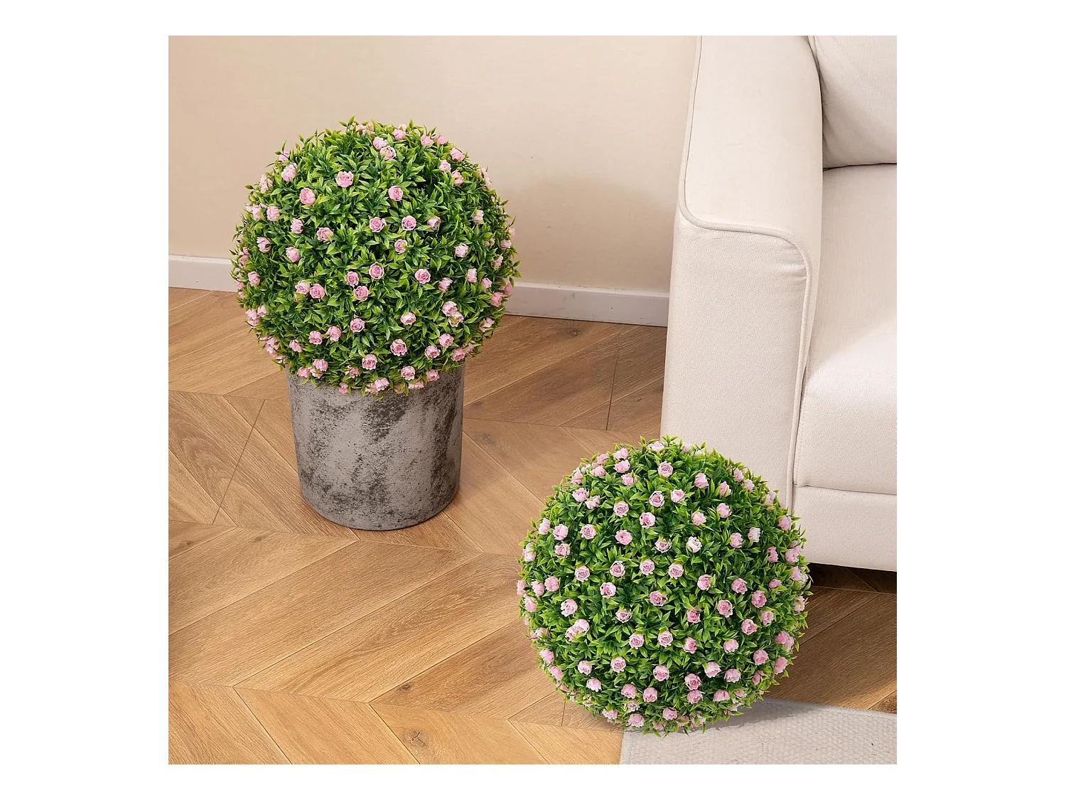 Buxusballen, 2 stuks, 37 cm, uv-bestendig, decoratieve bal met roze bloemen, vormgesneden kunstplant, decoratieve plant, boekbal, kunstplant,balkon, bruiloft