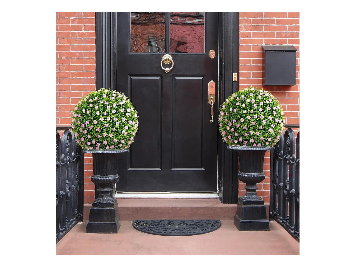 Buxusballen, 2 stuks, 37 cm, uv-bestendig, decoratieve bal met roze bloemen, vormgesneden kunstplant, decoratieve plant, boekbal, kunstplant,balkon, bruiloft