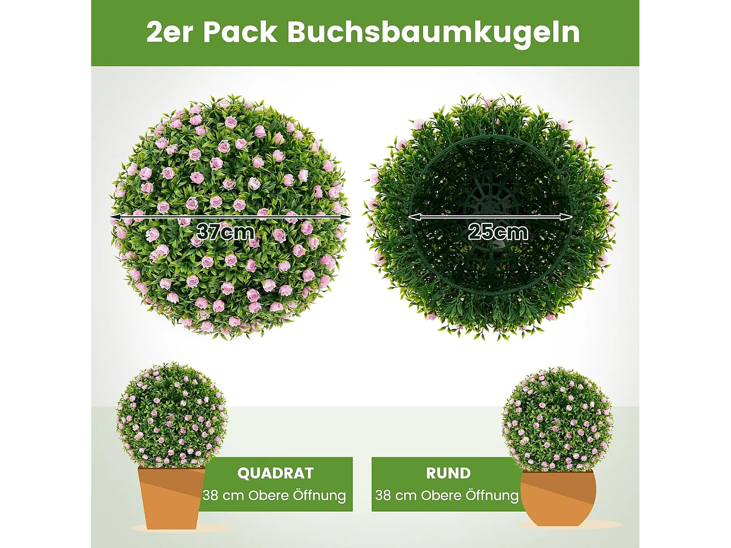 Buxusballen, 2 stuks, 37 cm, uv-bestendig, decoratieve bal met roze bloemen, vormgesneden kunstplant, decoratieve plant, boekbal, kunstplant,balkon, bruiloft