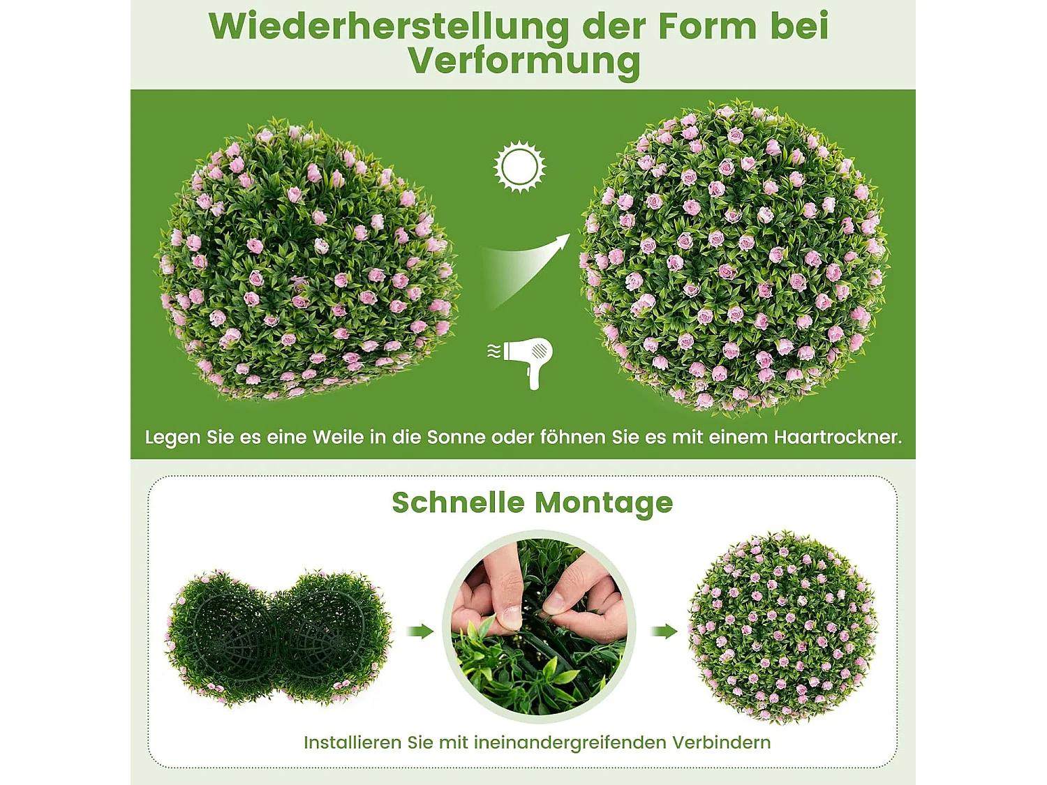 Buxusballen, 2 stuks, 37 cm, uv-bestendig, decoratieve bal met roze bloemen, vormgesneden kunstplant, decoratieve plant, boekbal, kunstplant,balkon, bruiloft